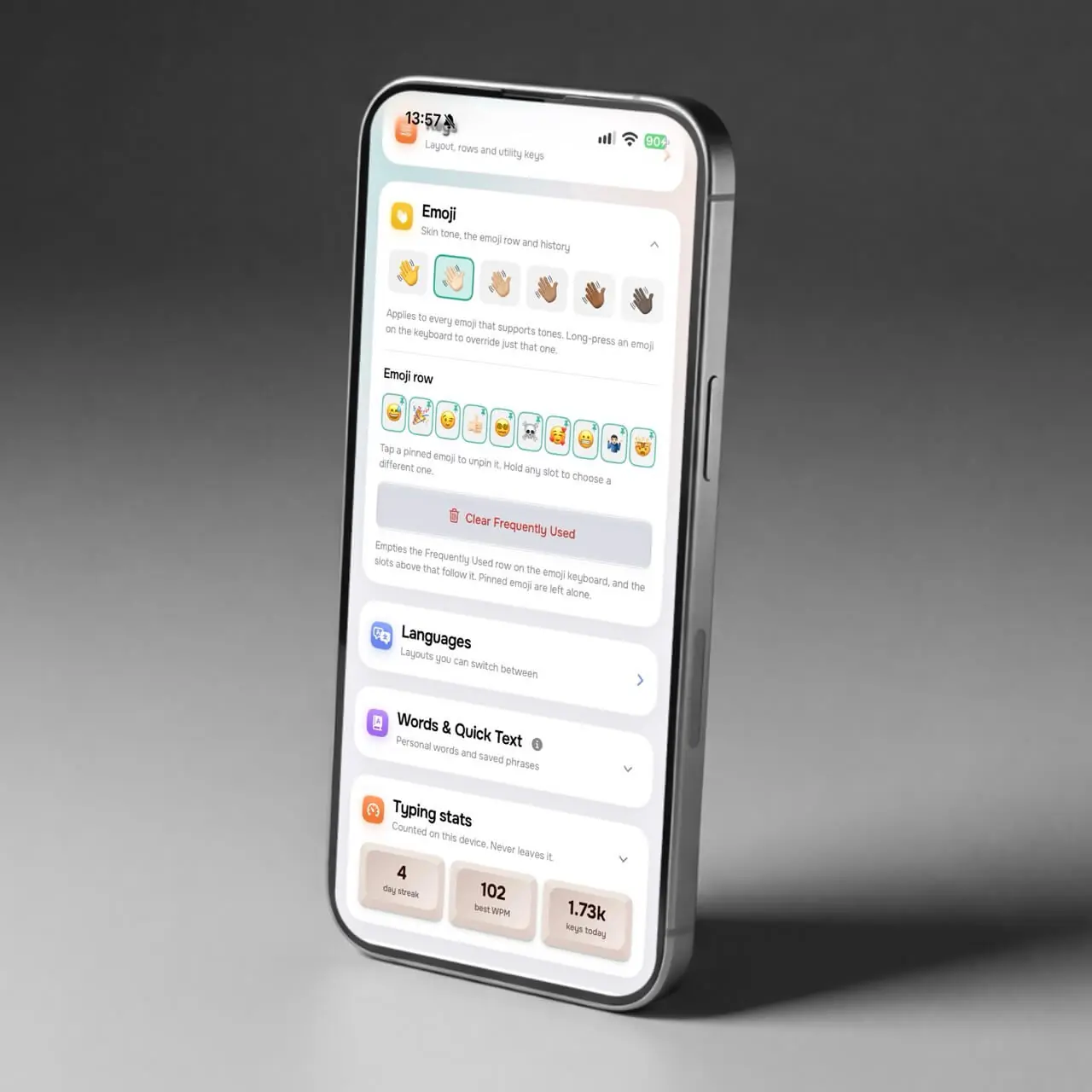 The Emoji screen, with the emoji row editor, languages and quick text