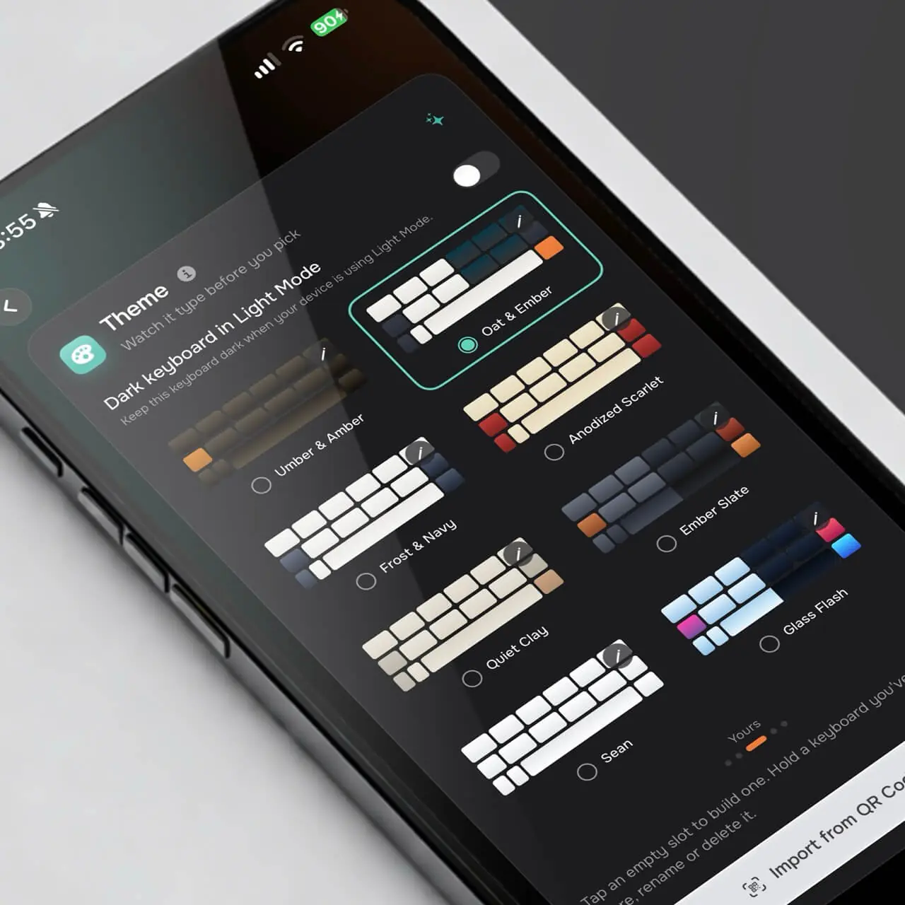 The theme picker, showing keycap colourways including Oat & Ember and Frost & Navy