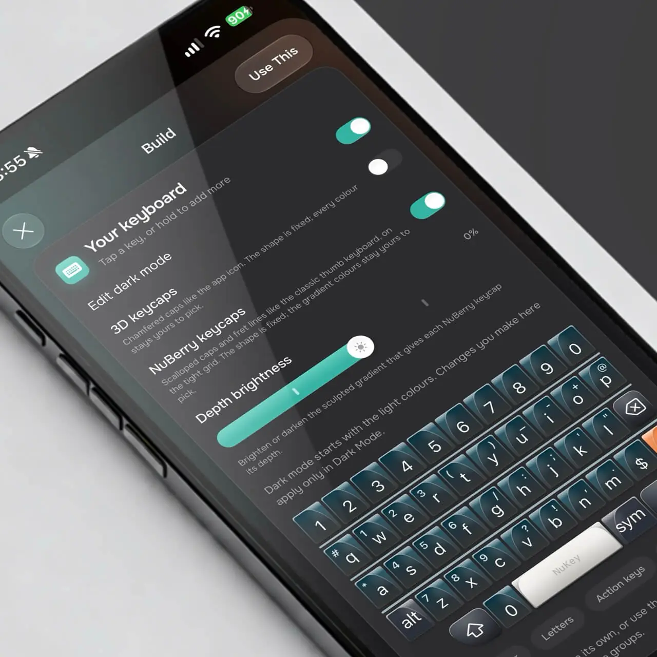 The Build screen, with 3D and NuBerry keycap options over a live keyboard preview