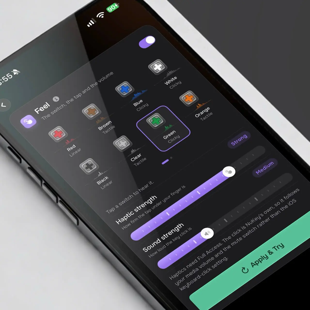 The Feel screen, with switch colours and haptic and sound strength sliders
